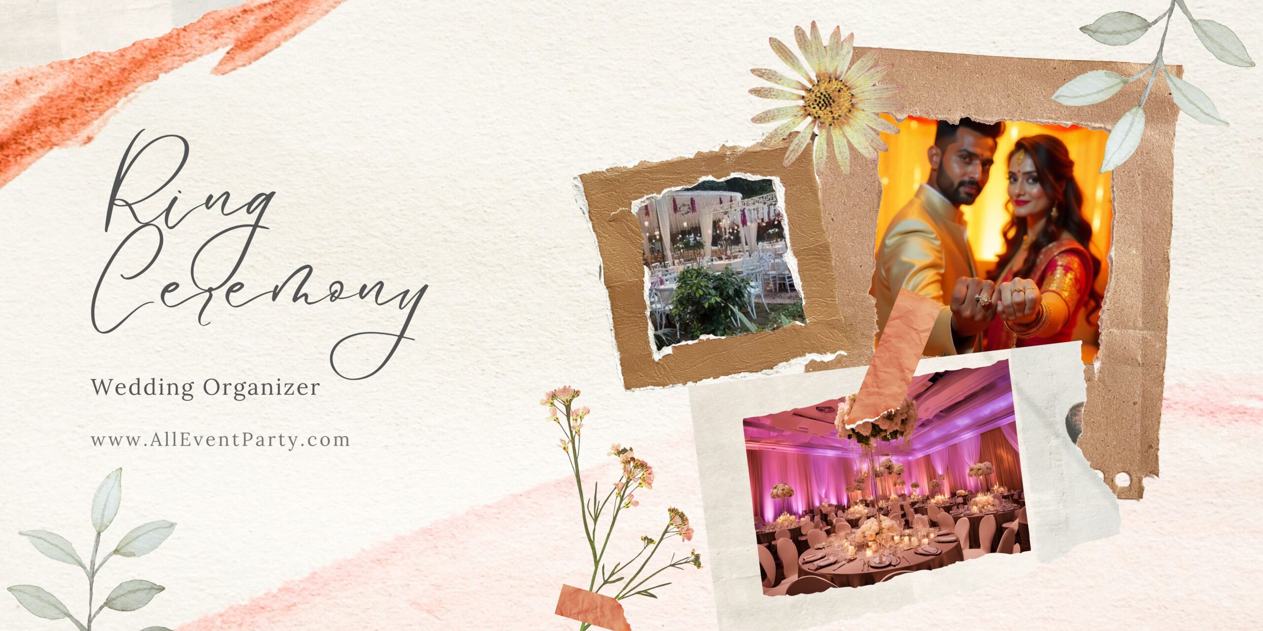 Elegant engagement decorations with floral arrangements, ring platter décor, and fairy lights for a dreamy celebration